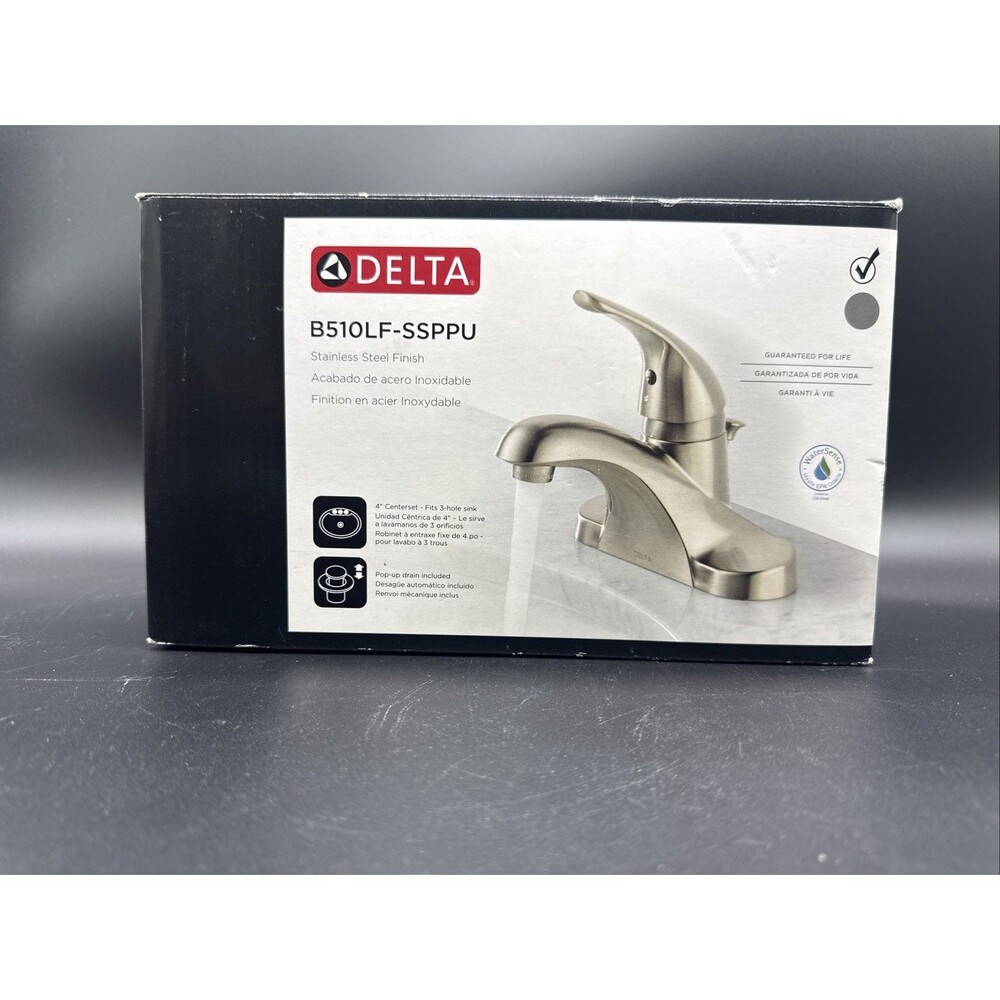 NIB Delta B510LF-SSPPU Stainless Steel Finish Bathroom Faucet 4 W/ Pop-up Drain